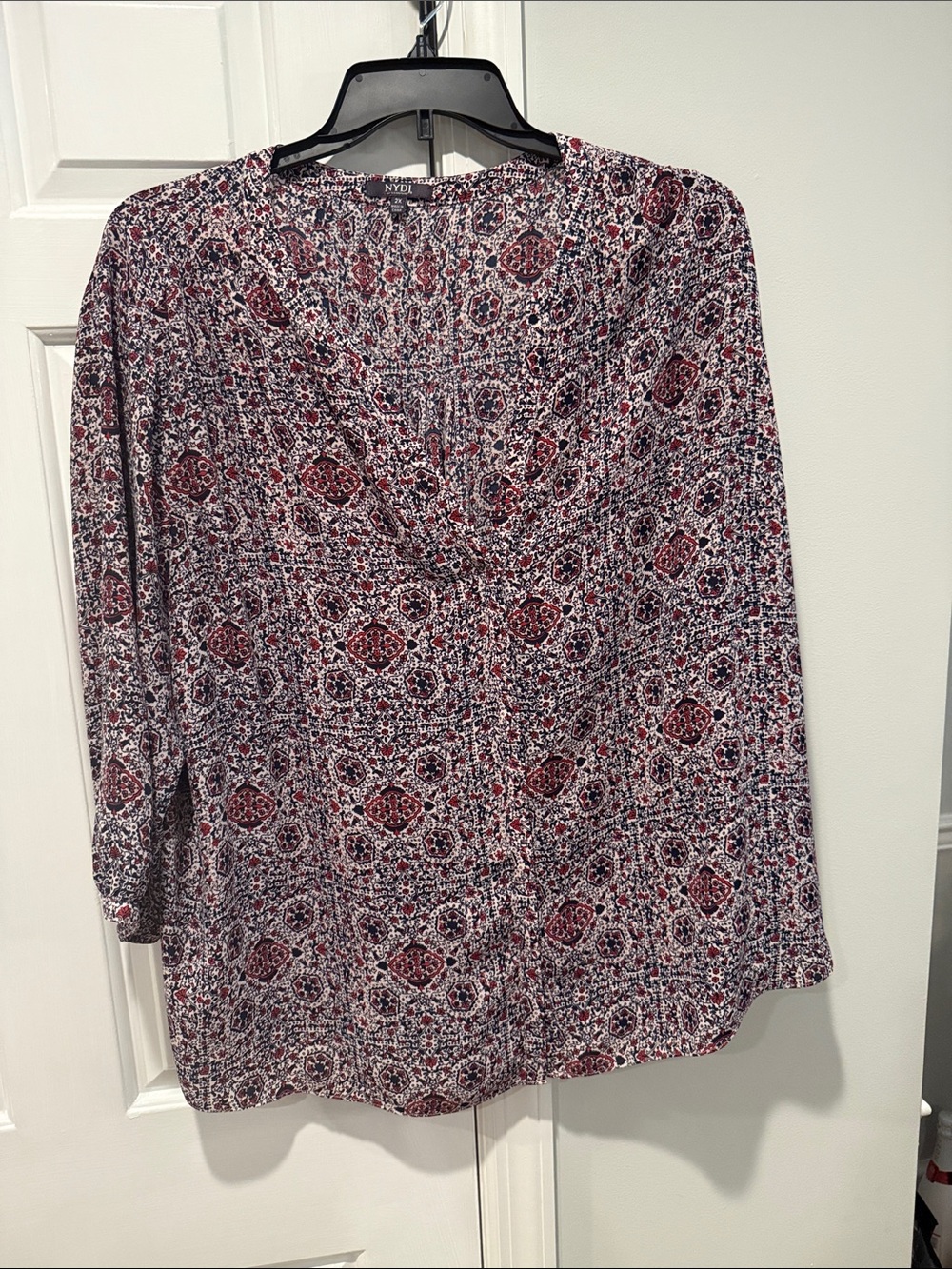NYDJ Red and White Paisley-Print Long Sleeve Blouse